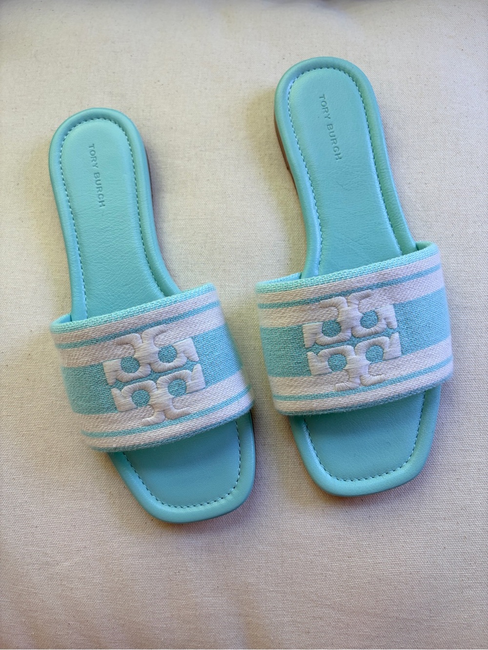 Tory Burch Double T Jacquard Turquoise Slide Sandals with White Trim